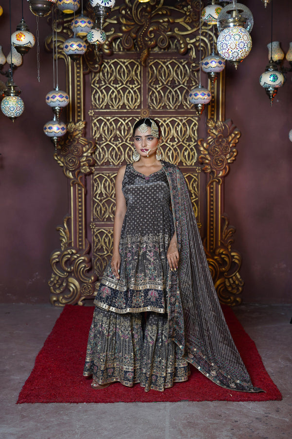 Chand Misty Taupe Natural Crepe Gharara Suit Set