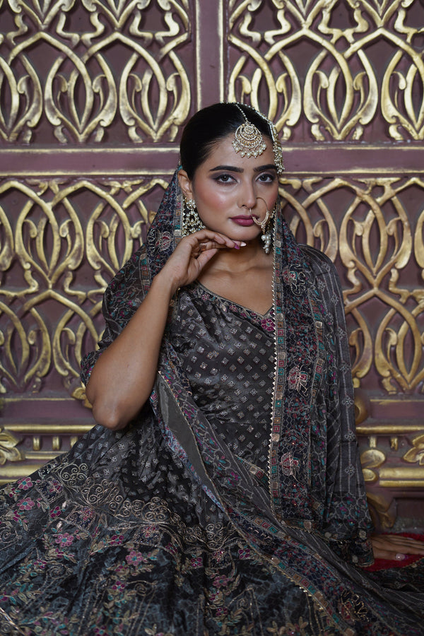 Chand Misty Taupe Natural Crepe Gharara Suit Set