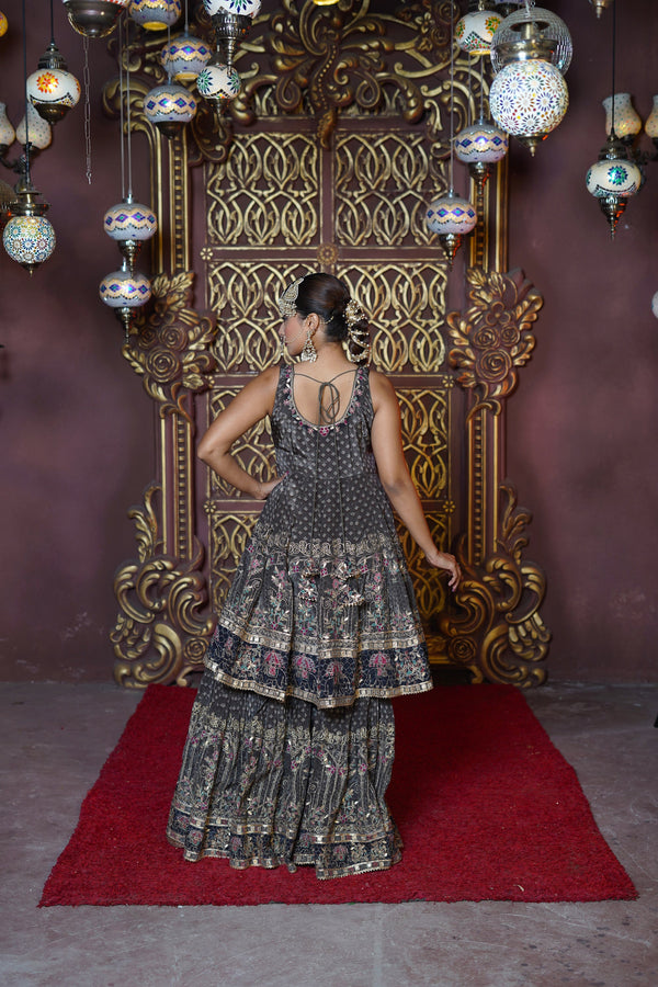 Chand Misty Taupe Natural Crepe Gharara Suit Set