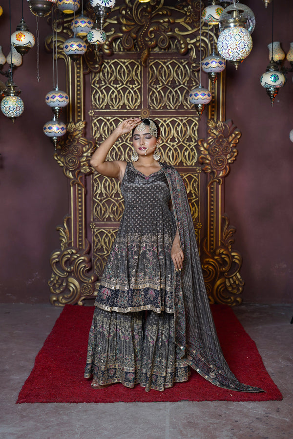 Chand Misty Taupe Natural Crepe Gharara Suit Set