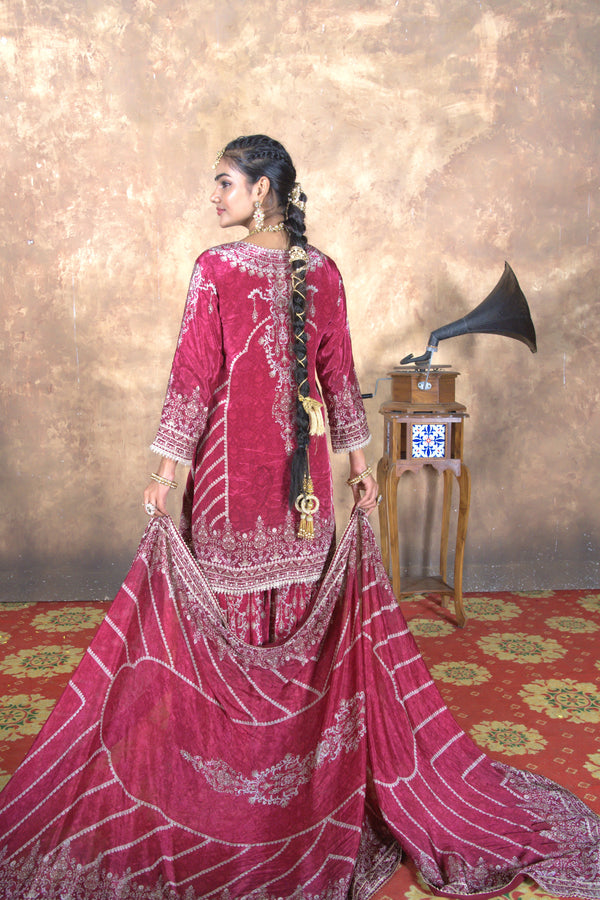 Mehfil Red Natural Crepe Gharara Suit Set