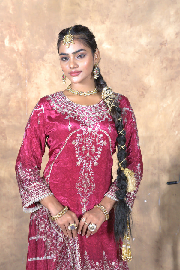 Mehfil Red Natural Crepe Gharara Suit Set