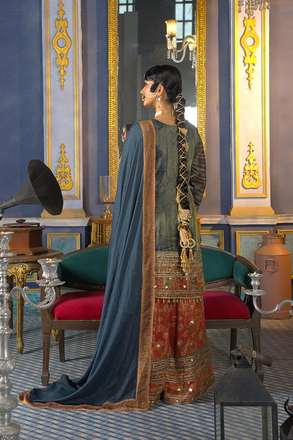 Chand Emerald & Ruby Red Tissue Shimmer A-Line Suit Set