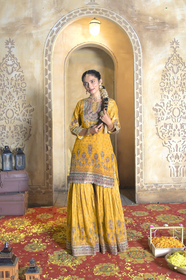 Mehfil Yellow Tissue Shimmer Gharara Suit Set