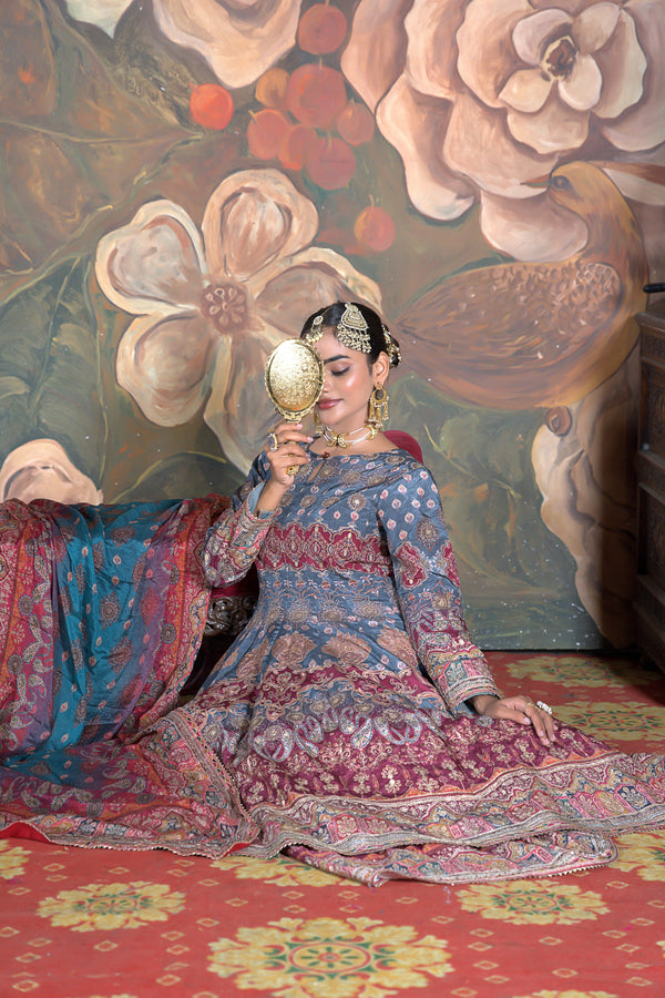 Chand Metallic Blue & Fuchsia Ombre Crepe Anarkali Suit Set