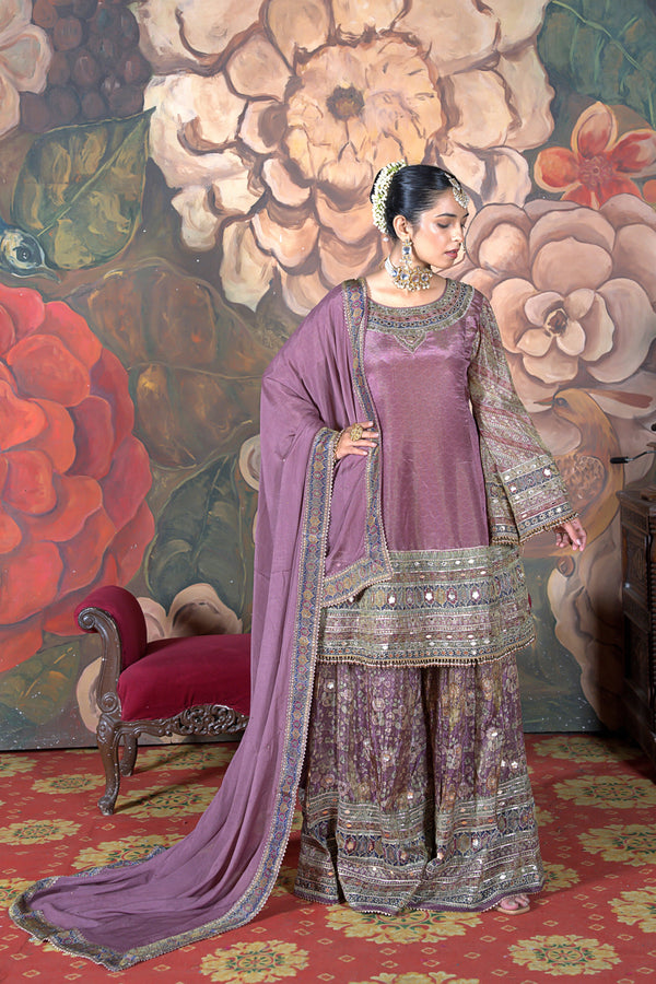 Chand Mauve & Emerald Tissue Shimmer A-Line Suit Set