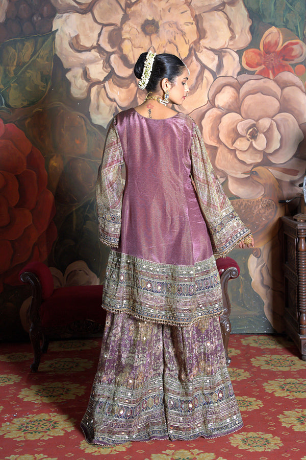Chand Mauve & Emerald Tissue Shimmer A-Line Suit Set
