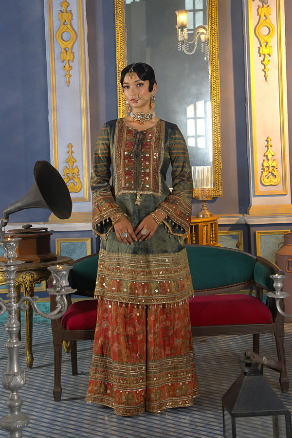 Chand Emerald & Ruby Red Tissue Shimmer A-Line Suit Set