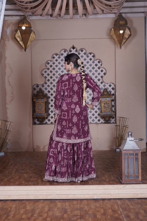 Mehfil Maroon Natural Crepe Gharara Suit Set