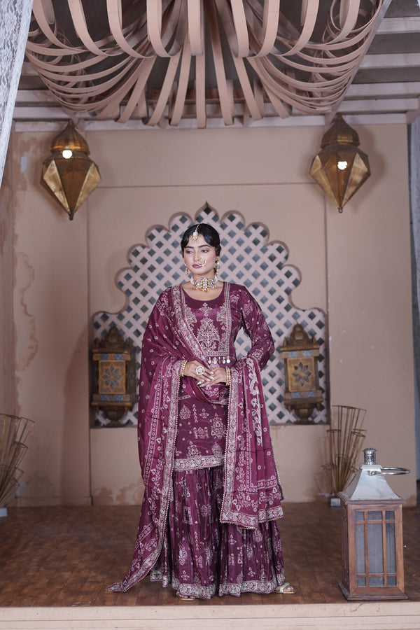 Mehfil Maroon Natural Crepe Gharara Suit Set