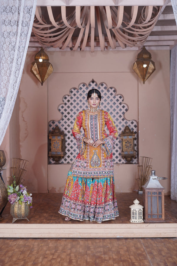 Chand Yellow & Red Crepe Gharara Suit Set