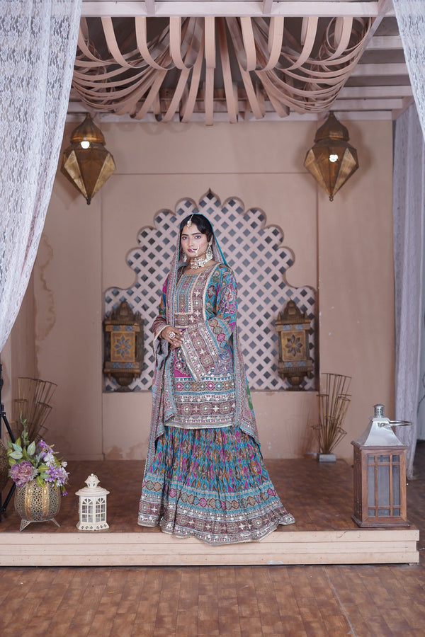 Chand Blue & Pink Crepe Gharara Suit Set