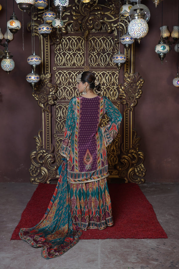 Chand Blue & Purple Crepe Gharara Suit Set