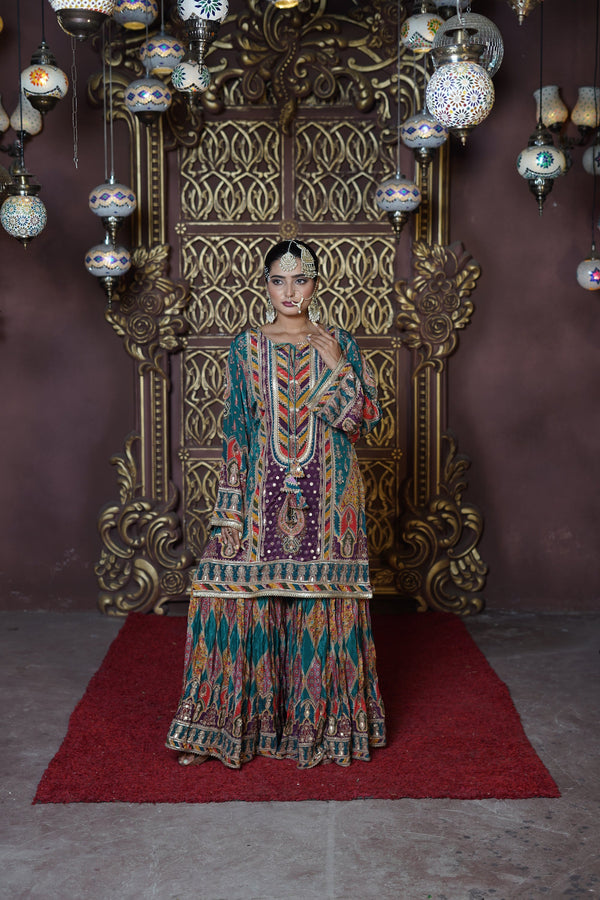 Chand Blue & Purple Crepe Gharara Suit Set