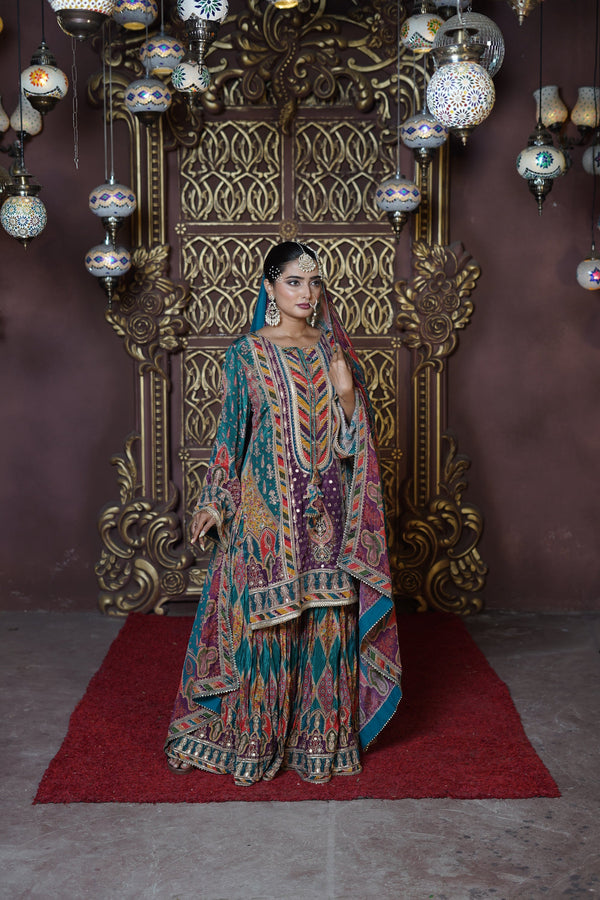 Chand Blue & Purple Crepe Gharara Suit Set