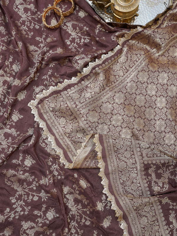 Brown Viscose Jaal Saree with Embroidered Lace