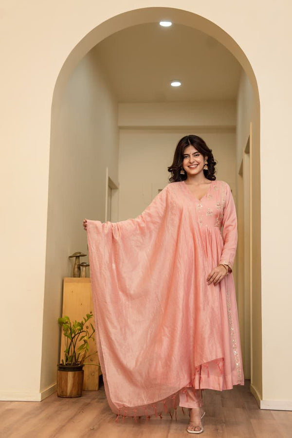 Premium Mal Chanderi 3-Piece Suit Set – Peach | GYSY Sarees