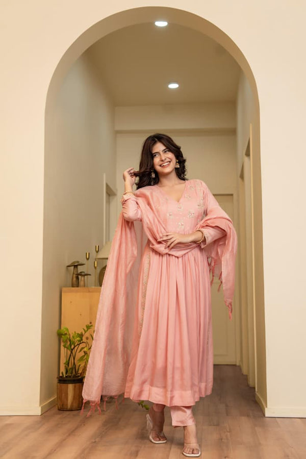 Premium Mal Chanderi 3-Piece Suit Set – Peach | GYSY Sarees