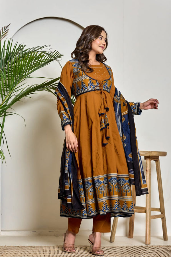 Pure Cotton Three-Piece Anarkali Suit Set with Handwork | GYSY Sarees