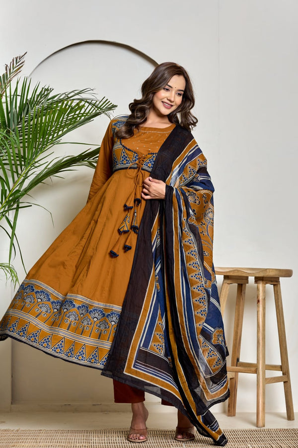 Pure Cotton Three-Piece Anarkali Suit Set with Handwork | GYSY Sarees