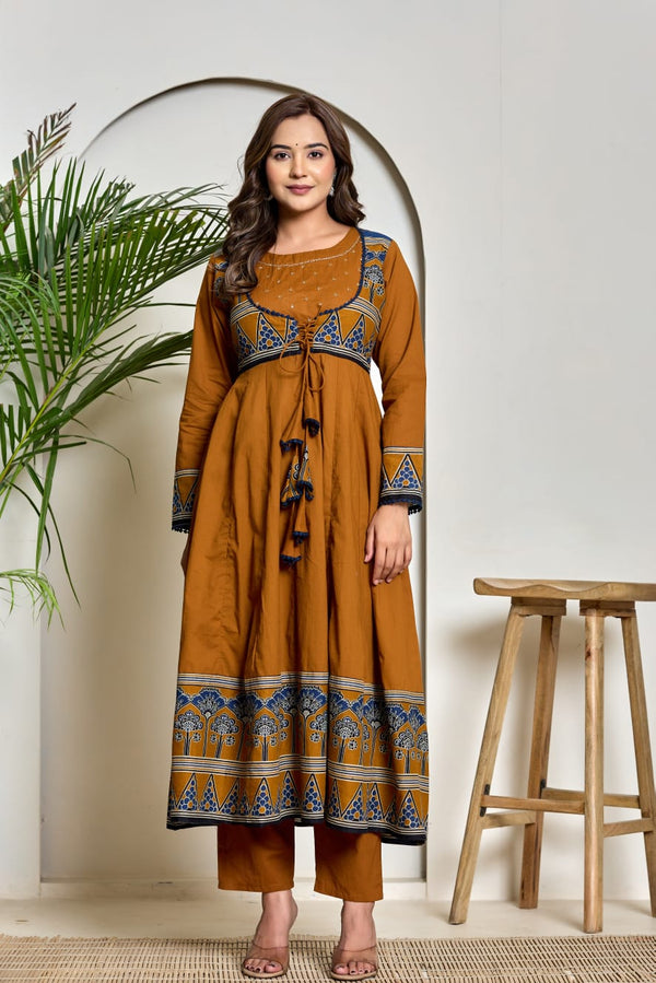 Pure Cotton Three-Piece Anarkali Suit Set with Handwork | GYSY Sarees