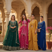 Four women wearing traditional sarees by gysy sarees standing in an elegant architectural setting.