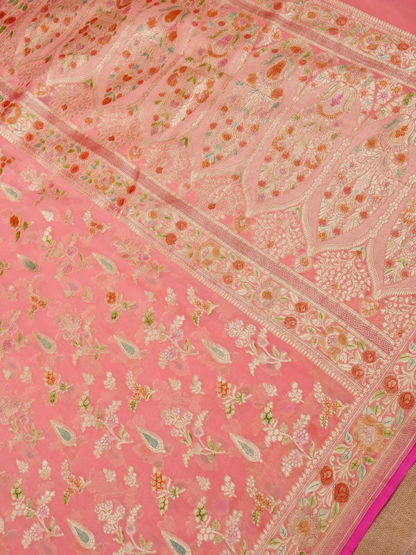 Handwoven Carrot Pink Banarasi Khaddi Silk Saree | GYSY Sarees