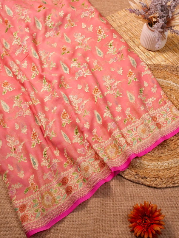 Handwoven Carrot Pink Banarasi Khaddi Silk Saree | GYSY Sarees