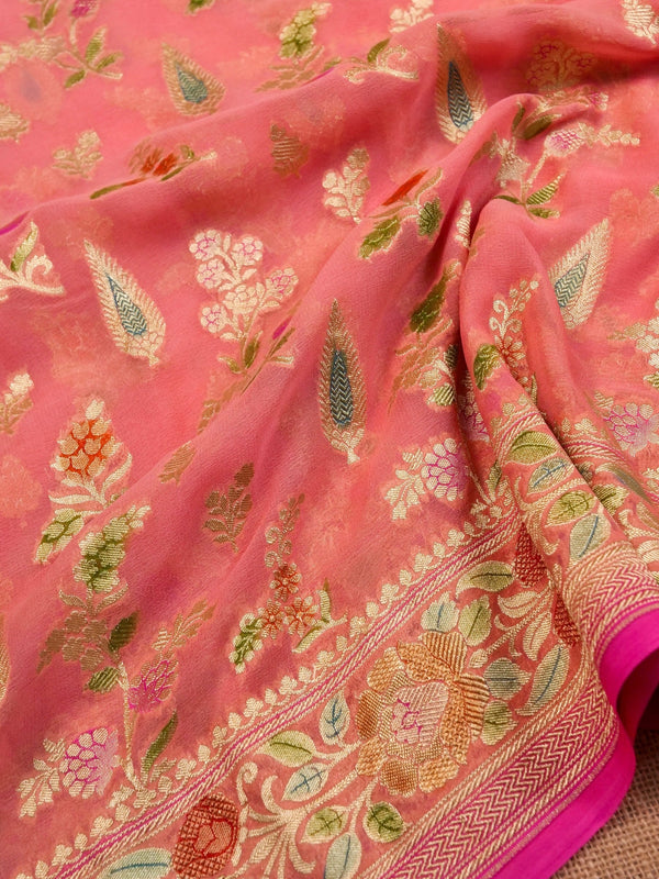 Handwoven Carrot Pink Banarasi Khaddi Silk Saree | GYSY Sarees
