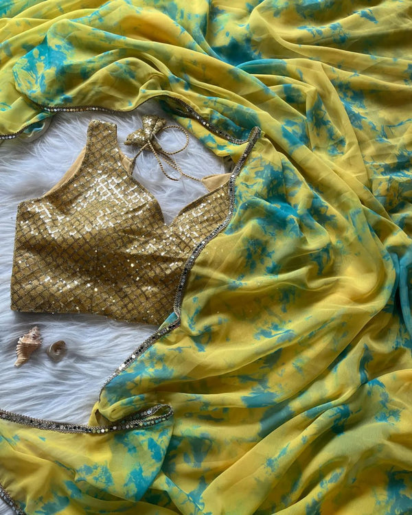 Sunshine yellow & aqua hand made Tie | GYSY Sarees