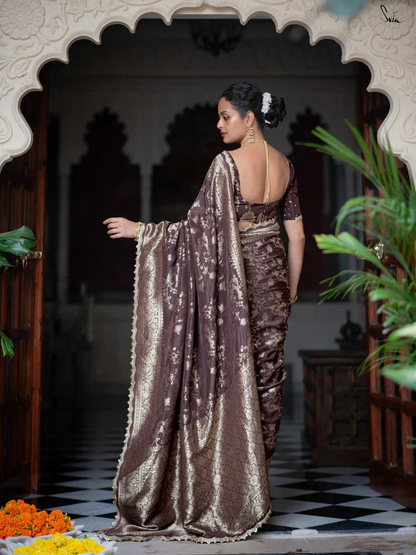 Brown Viscose Jaal Saree with Embroidered Lace
