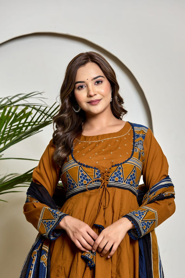 Pure Cotton Three-Piece Anarkali Suit Set with Handwork | GYSY Sarees