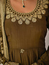 Brown traditional outfit with gold embroidery and jewelry on a plain background