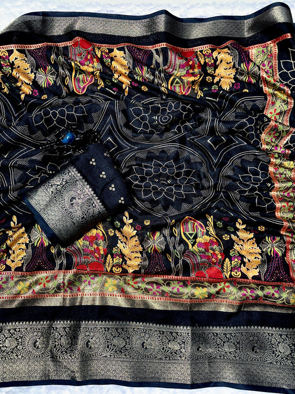 Decorative black fabric with colorful floral patterns on a white background