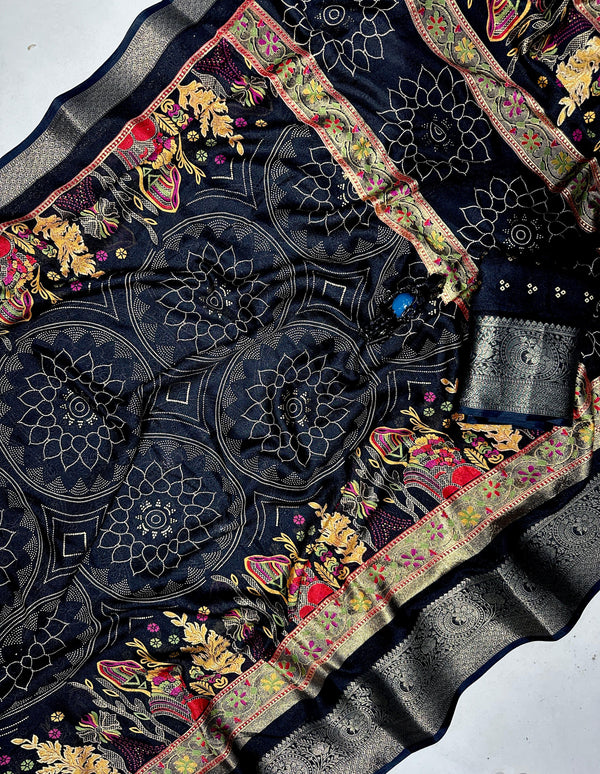 Decorative fabric with intricate patterns and embroidery on a dark background