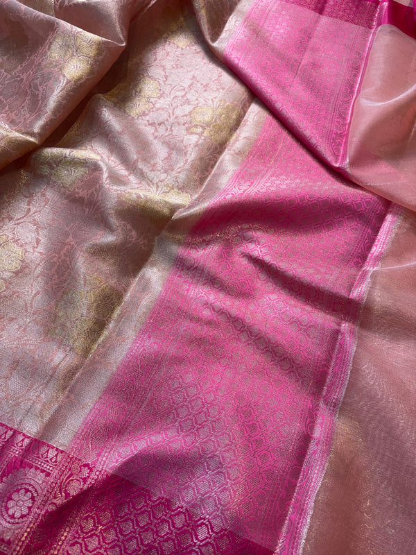 Close-up of pink and gold fabric with intricate patterns