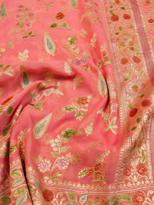 Handwoven Carrot Pink Banarasi Khaddi Silk Saree | GYSY Sarees