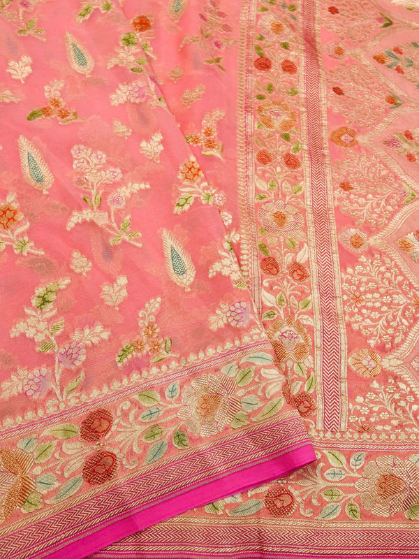 Handwoven Carrot Pink Banarasi Khaddi Silk Saree | GYSY Sarees